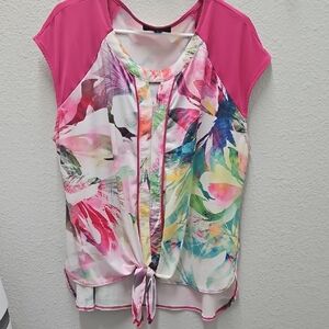 B.L.E.U. Vibrant Pink and Multicolor Tie-Front Blouse